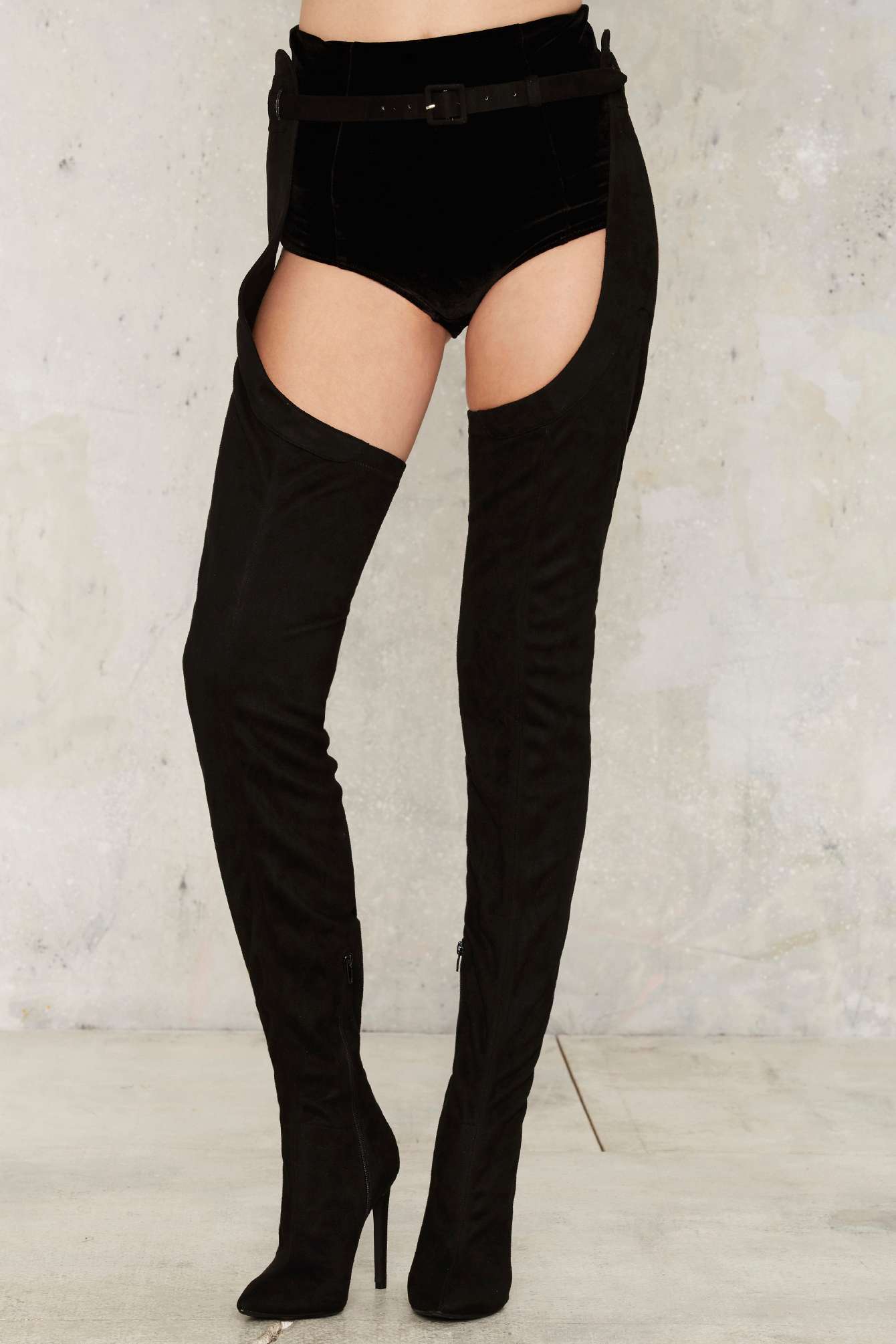 thigh boots with belt attached